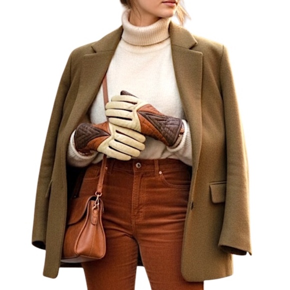 Vintage 70s retro brown beige cognac shearling lined snow ski winter gloves S - Picture 1 of 16